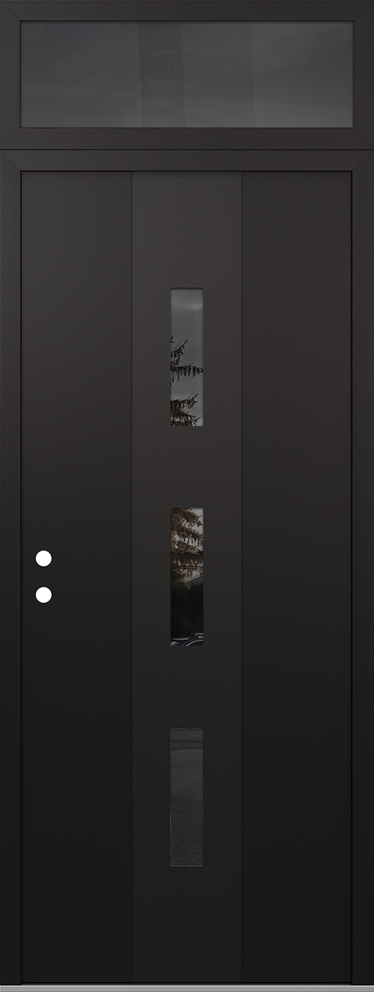 Modern Steel Front Door DIAMOND A7 36" X 96" BLACK/BLACK MIRRORED GLASS PANEL BLACK RHI WITH TRANSOM MIRRORED GLASS