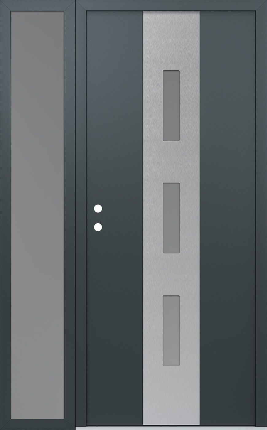 Modern Steel Front Door DIAMOND A7 48" X 80" ANTHRACITE/ANTHRACITE FROSTED GLASS PANEL STAINLESS STEEL RHI WITH SIDELITE FROSTED GLASS