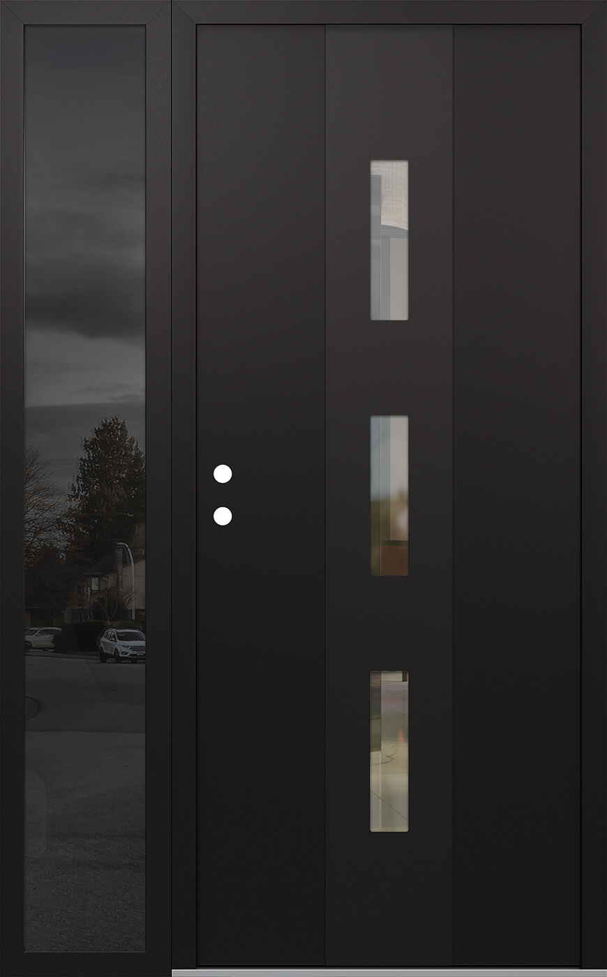 Modern Steel Front Door DIAMOND A7 48" X 80" BLACK/BLACK CLEAR GLASS PANEL BLACK RHI WITH SIDELITE MIRRORED GLASS
