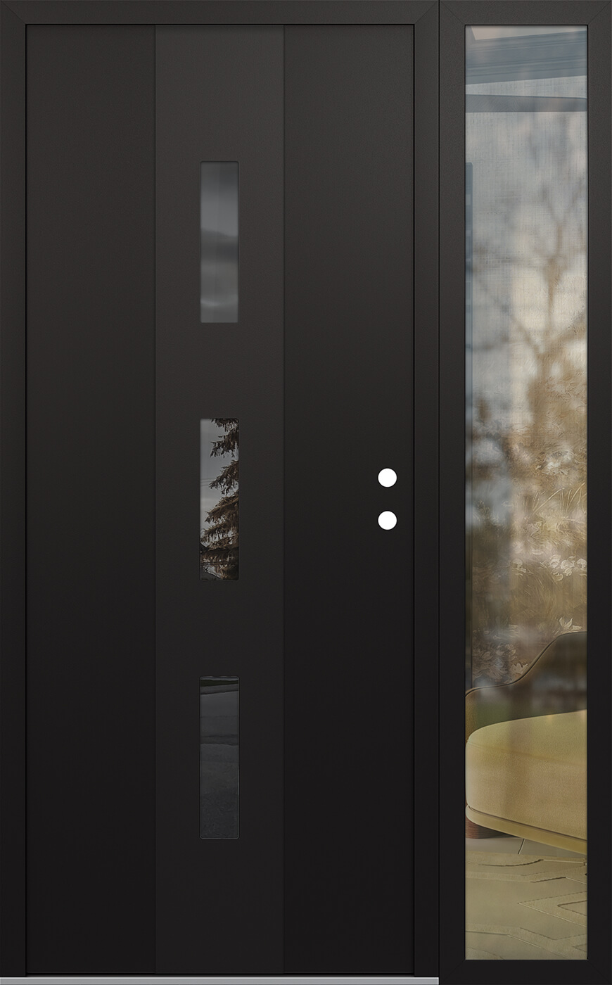 Modern Steel Front Door DIAMOND A7 48" X 80" BLACK/BLACK MIRRORED GLASS PANEL BLACK LHI WITH SIDELITE CLEAR GLASS