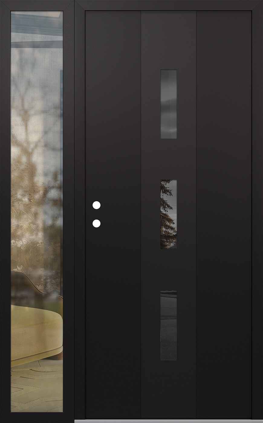 Modern Steel Front Door DIAMOND A7 48" X 80" BLACK/BLACK MIRRORED GLASS PANEL BLACK RHI WITH SIDELITE CLEAR GLASS