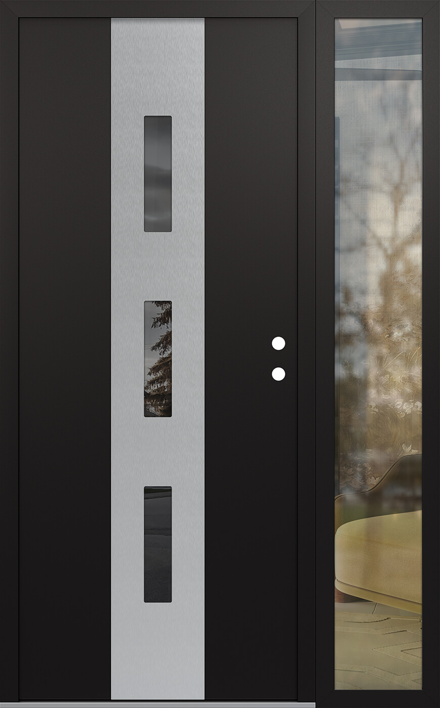 Modern Steel Front Door DIAMOND A7 48" X 80" BLACK/BLACK MIRRORED GLASS PANEL STAINLESS STEEL LHI WITH SIDELITE CLEAR GLASS