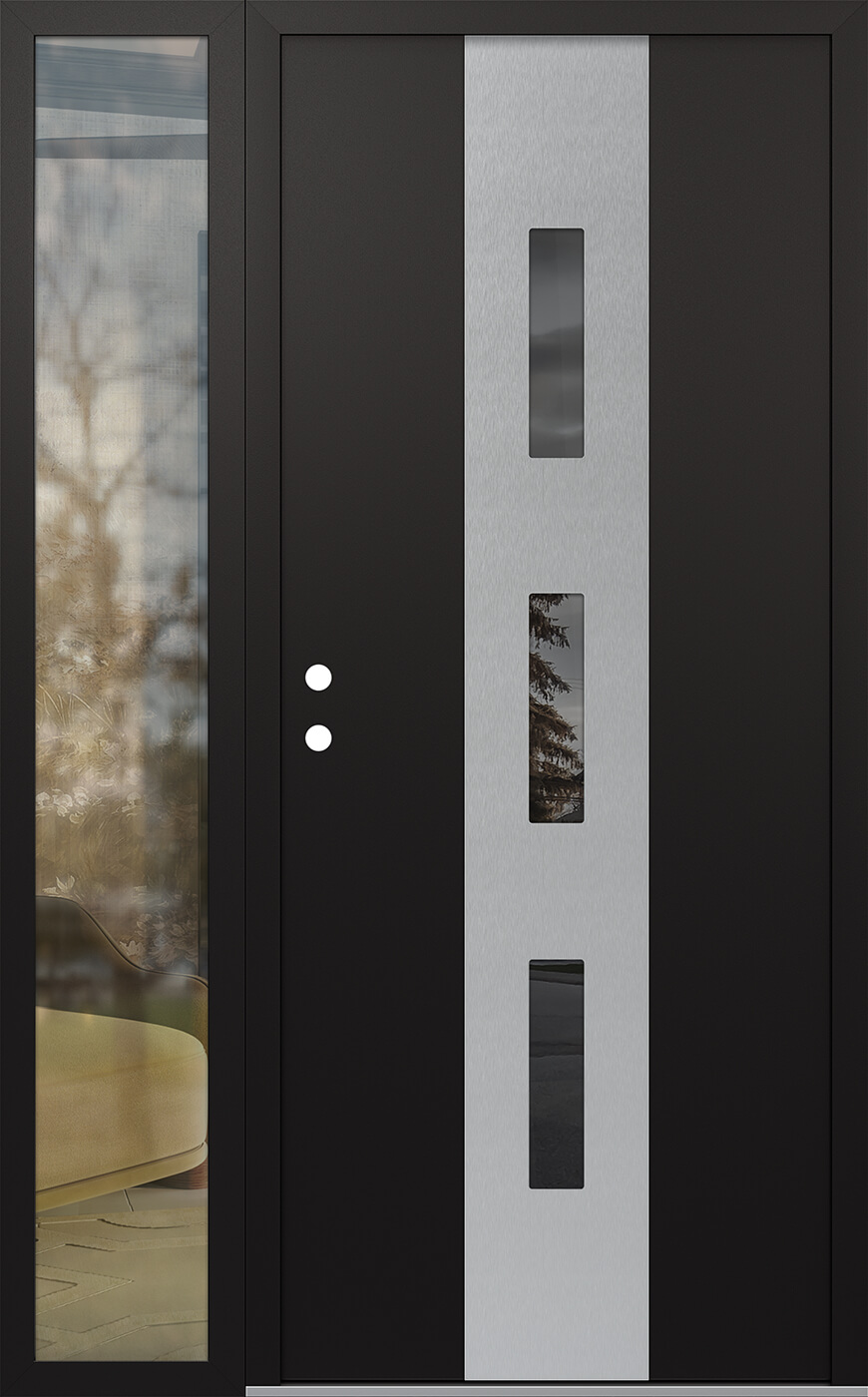 Modern Steel Front Door DIAMOND A7 48" X 80" BLACK/BLACK MIRRORED GLASS PANEL STAINLESS STEEL RHI WITH SIDELITE CLEAR GLASS