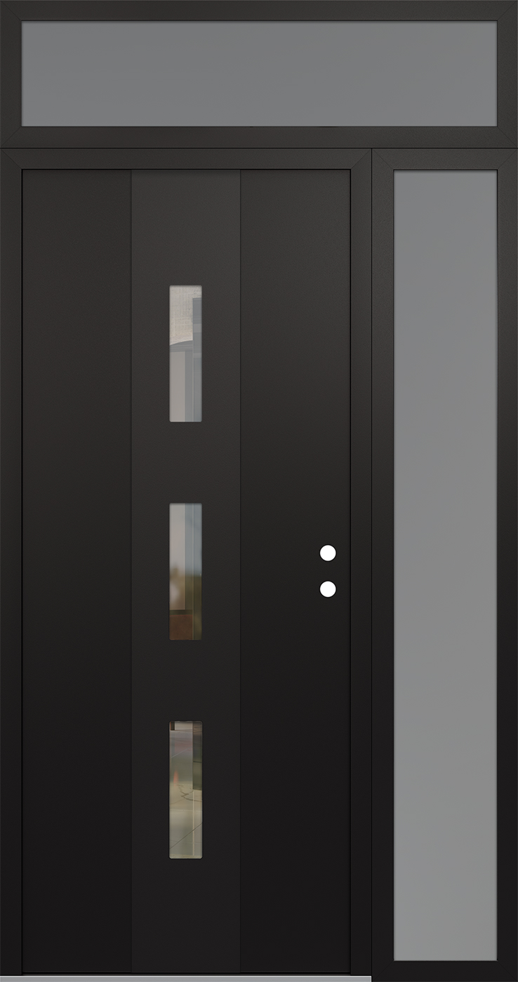 Modern Steel Front Door DIAMOND A7 48" X 96" BLACK/BLACK CLEAR GLASS PANEL BLACK LHI WITH SIDELITE AND TRANSOM FROSTED GLASS