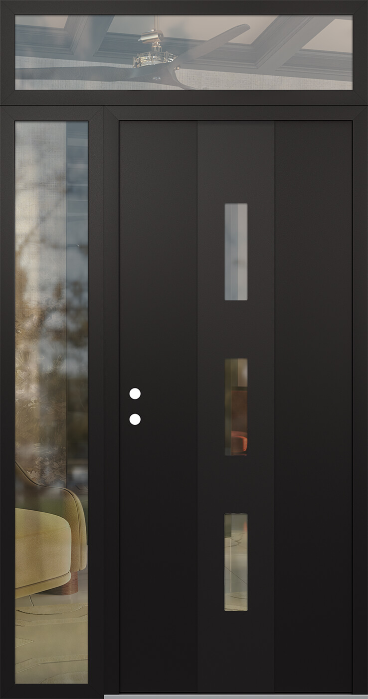 Modern Steel Front Door DIAMOND A7 48" X 96" BLACK/BLACK CLEAR GLASS PANEL BLACK RHI WITH SIDELITE AND TRANSOM CLEAR GLASS
