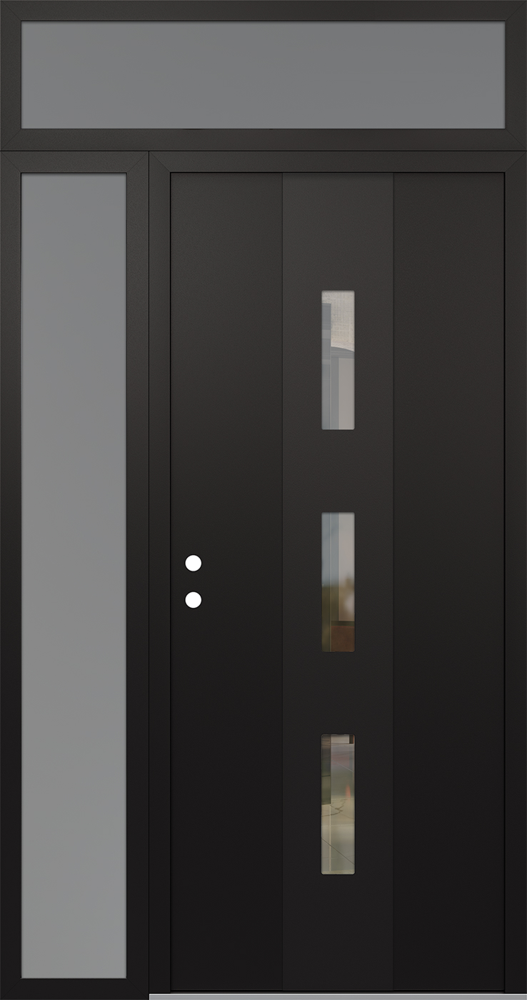 Modern Steel Front Door DIAMOND A7 48" X 96" BLACK/BLACK CLEAR GLASS PANEL BLACK RHI WITH SIDELITE AND TRANSOM FROSTED GLASS