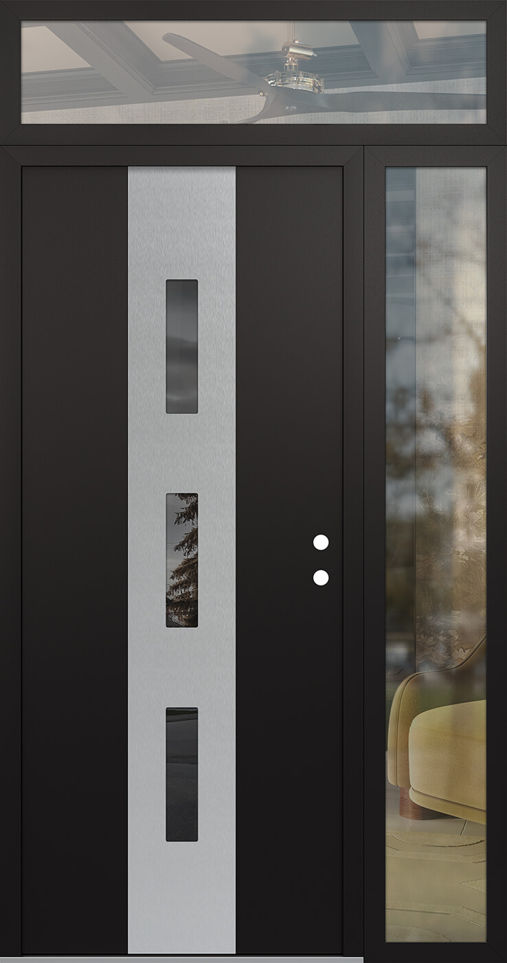Modern Steel Front Door DIAMOND A7 48" X 96" BLACK/BLACK MIRRORED GLASS PANEL STAINLESS STEEL LHI WITH SIDELITE AND TRANSOM CLEAR GLASS