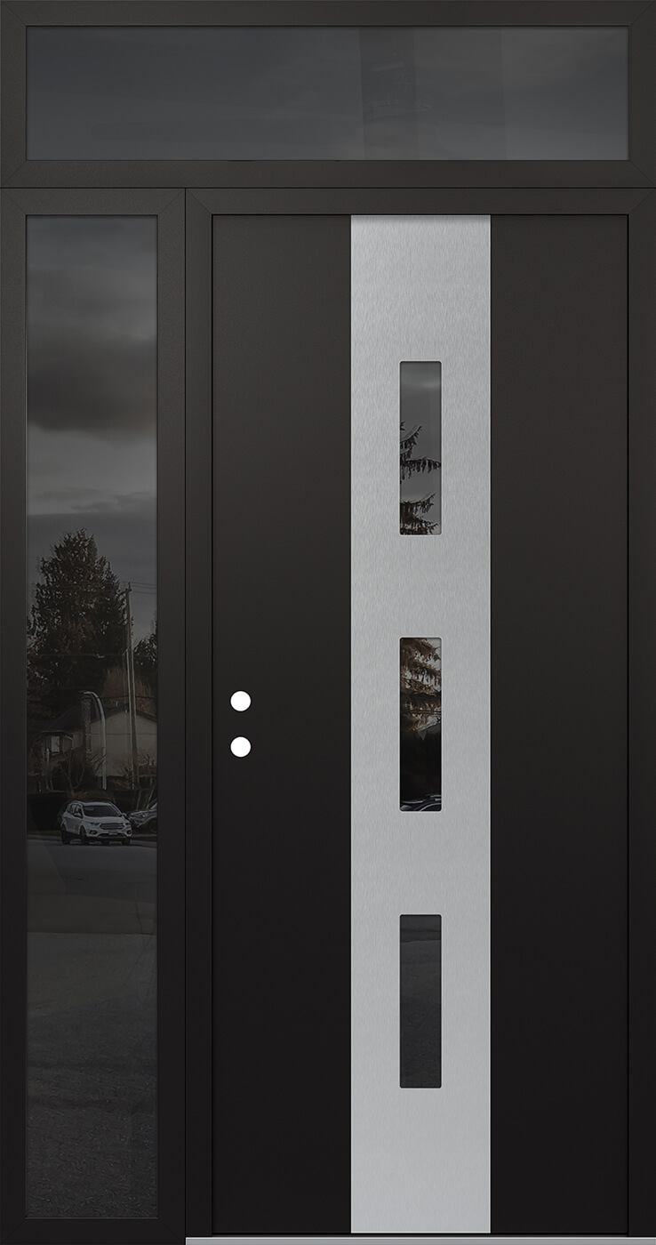 Modern Steel Front Door DIAMOND A7 48" X 96" BLACK/BLACK MIRRORED GLASS PANEL STAINLESS STEEL RHI WITH SIDELITE AND TRANSOM MIRRORED GLASS