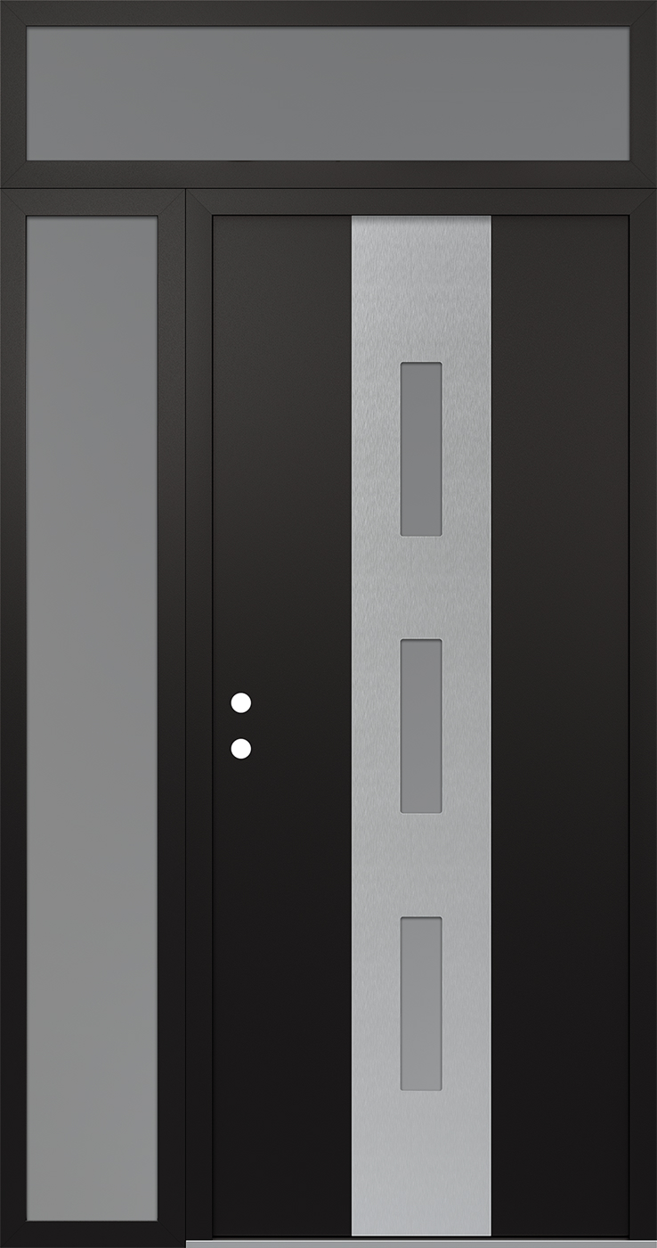 Modern Steel Front Door DIAMOND A7 48" X 96" BLACK/WHITE FROSTED GLASS PANEL STAINLESS STEEL RHI WITH SIDELITE AND TRANSOM FROSTED GLASS