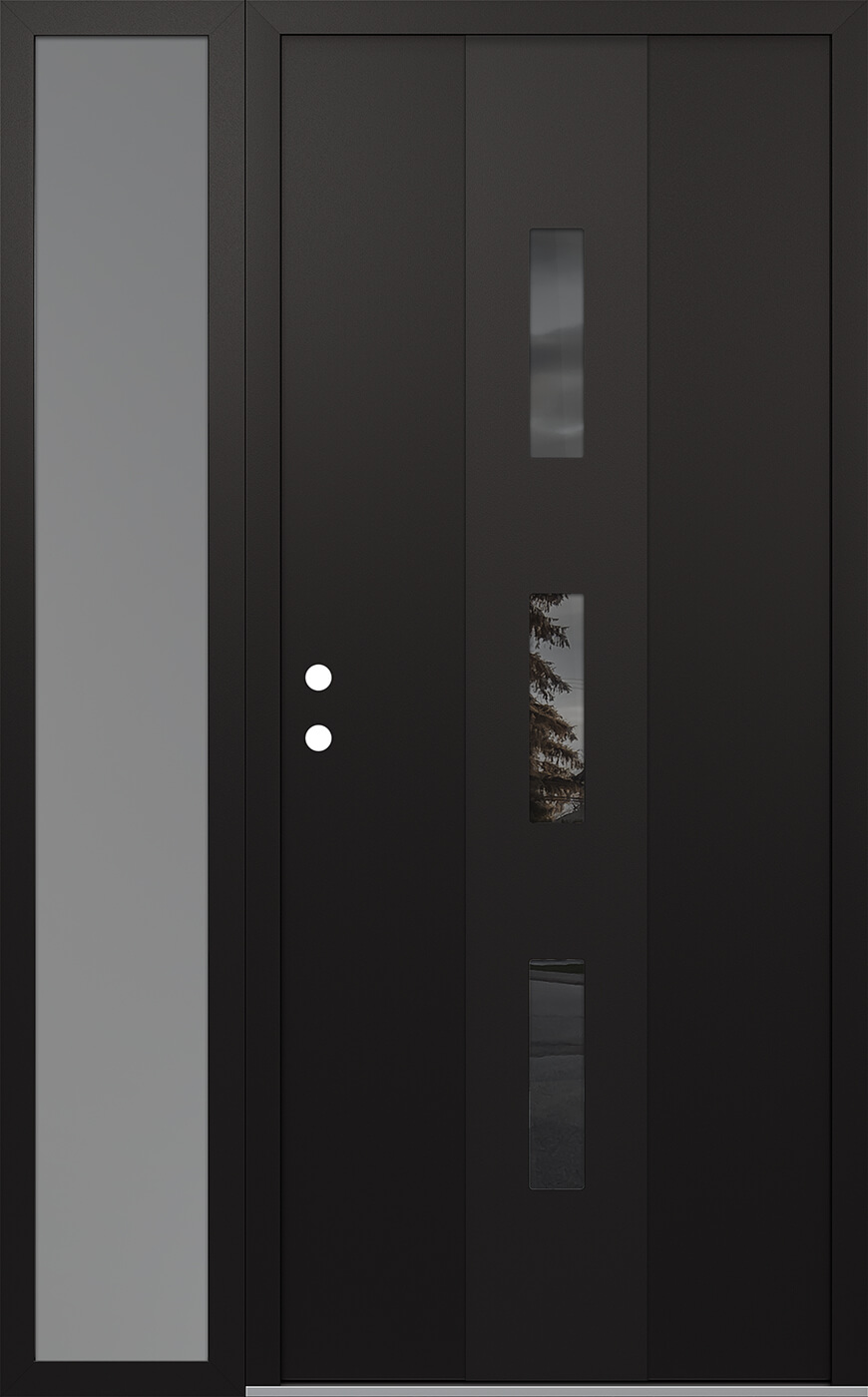 Modern Steel Front Door DIAMOND A7 50" X 80" BLACK/BLACK MIRRORED GLASS PANEL BLACK RHI WITH SIDELITE FROSTED GLASS