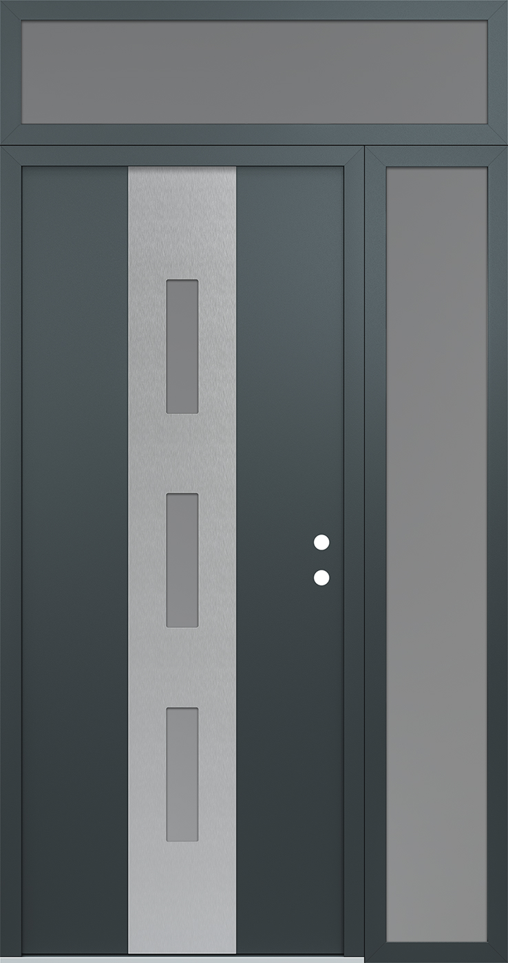 Modern Steel Front Door DIAMOND A7 50" X 96" ANTHRACITE/ANTHRACITE FROSTED GLASS PANEL STAINLESS STEEL LHI WITH SIDELITE AND TRANSOM FROSTED GLASS
