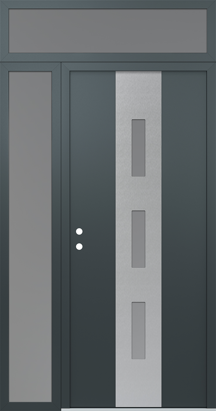 Modern Steel Front Door DIAMOND A7 50" X 96" ANTHRACITE/ANTHRACITE FROSTED GLASS PANEL STAINLESS STEEL RHI WITH SIDELITE AND TRANSOM FROSTED GLASS