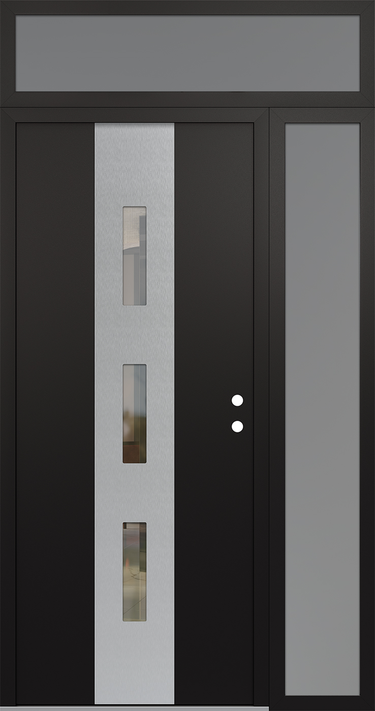 Modern Steel Front Door DIAMOND A7 50" X 96" BLACK/BLACK CLEAR GLASS PANEL STAINLESS STEEL LHI WITH SIDELITE AND TRANSOM FROSTED GLASS