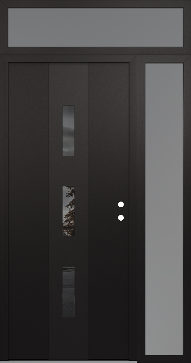 Modern Steel Front Door DIAMOND A7 50" X 96" BLACK/BLACK MIRRORED GLASS PANEL BLACK LHI WITH SIDELITE AND TRANSOM FROSTED GLASS