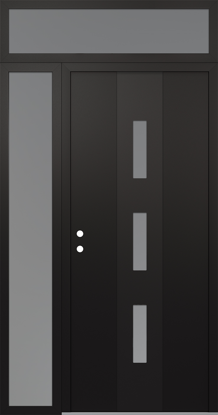 Modern Steel Front Door DIAMOND A7 50" X 96" BLACK/WHITE FROSTED GLASS PANEL BLACK RHI WITH SIDELITE AND TRANSOM FROSTED GLASS