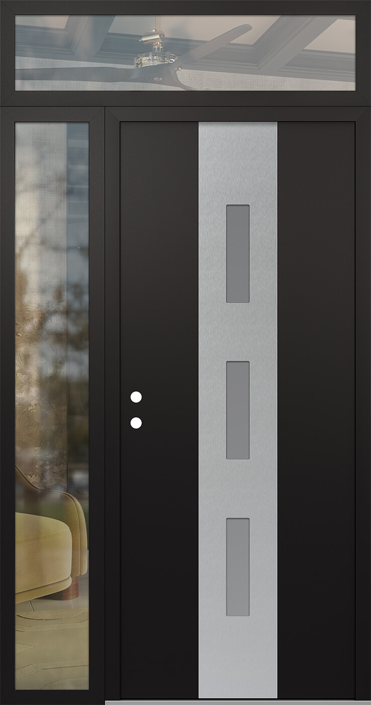 Modern Steel Front Door DIAMOND A7 50" X 96" BLACK/WHITE FROSTED GLASS PANEL STAINLESS STEEL RHI WITH SIDELITE AND TRANSOM CLEAR GLASS