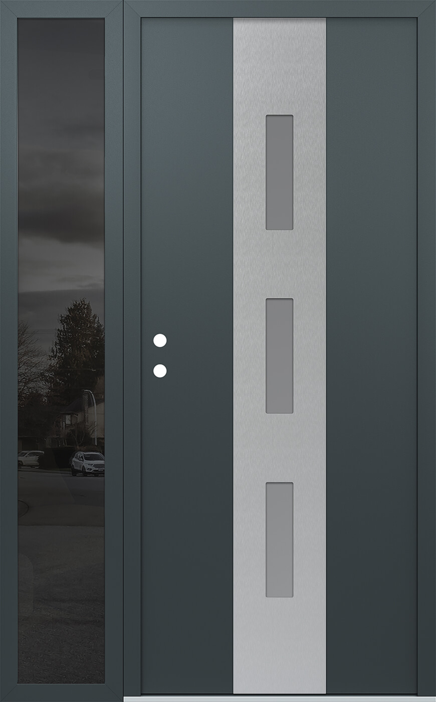 Modern Steel Front Door DIAMOND A7 52" X 80" ANTHRACITE/ANTHRACITE FROSTED GLASS PANEL STAINLESS STEEL RHI WITH SIDELITE MIRRORED GLASS