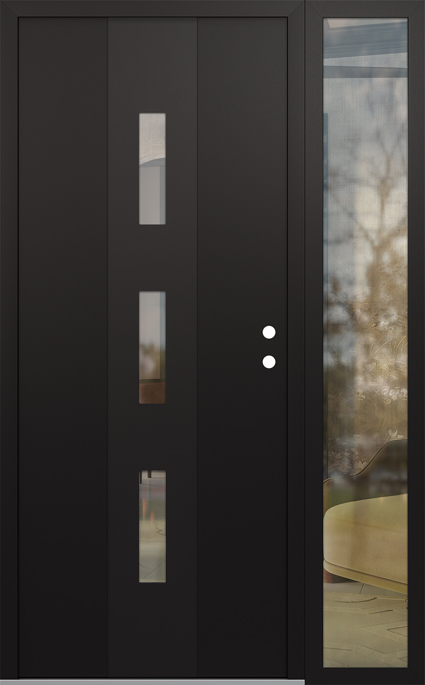 Modern Steel Front Door DIAMOND A7 52" X 80" BLACK/BLACK CLEAR GLASS PANEL BLACK LHI WITH SIDELITE CLEAR GLASS