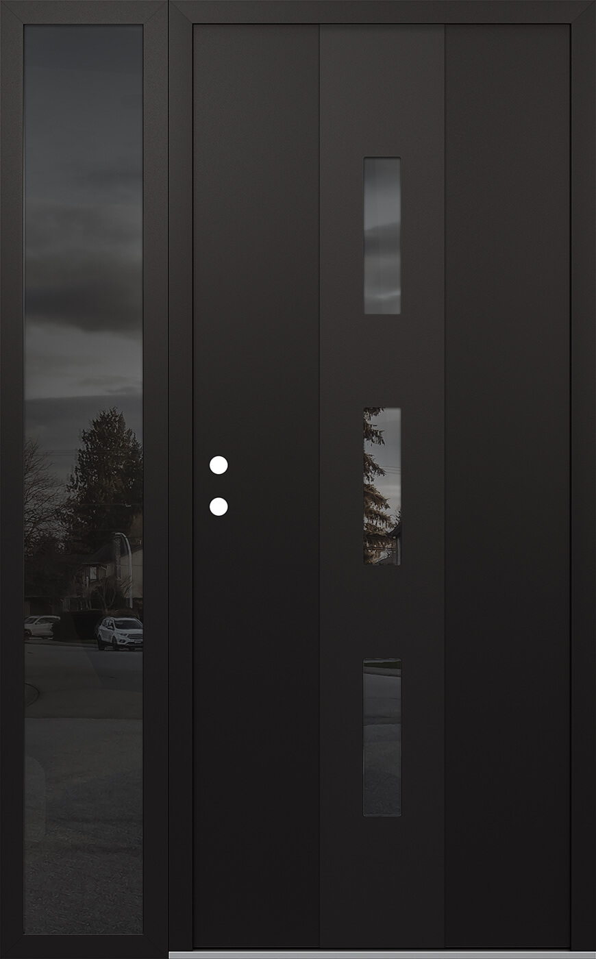 Modern Steel Front Door DIAMOND A7 52" X 80" BLACK/BLACK MIRRORED GLASS PANEL BLACK RHI WITH SIDELITE MIRRORED GLASS