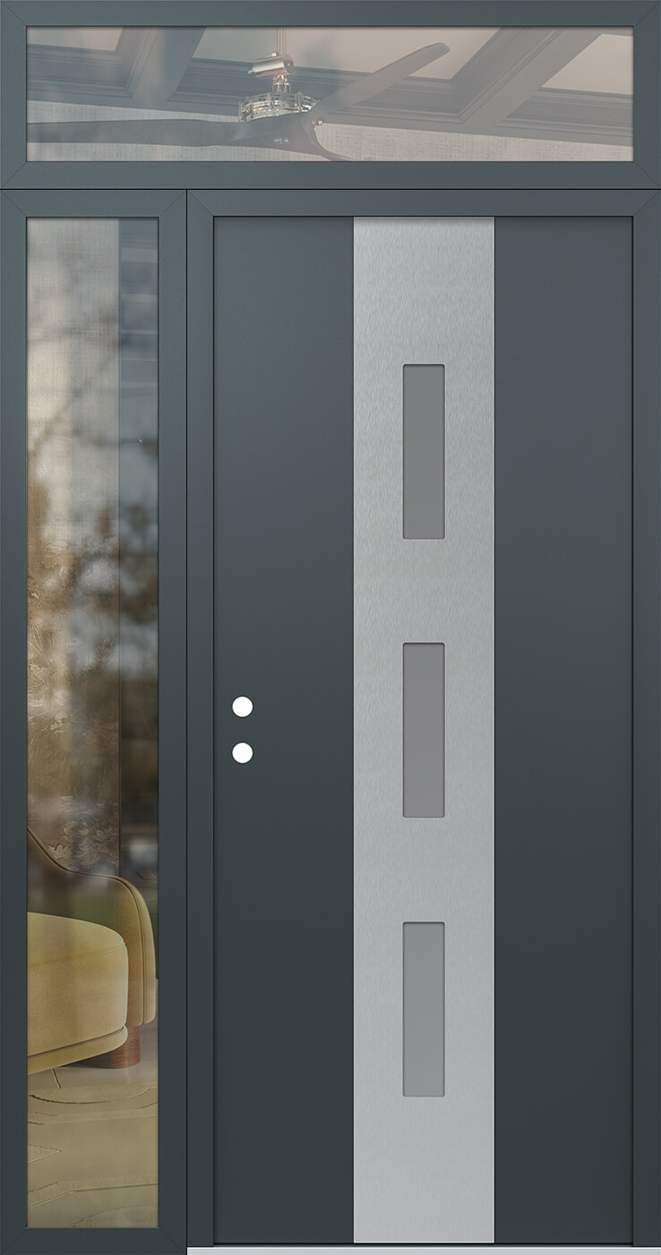 Modern Steel Front Door DIAMOND A7 52" X 96" ANTHRACITE/ANTHRACITE FROSTED GLASS PANEL STAINLESS STEEL RHI WITH SIDELITE AND TRANSOM CLEAR GLASS