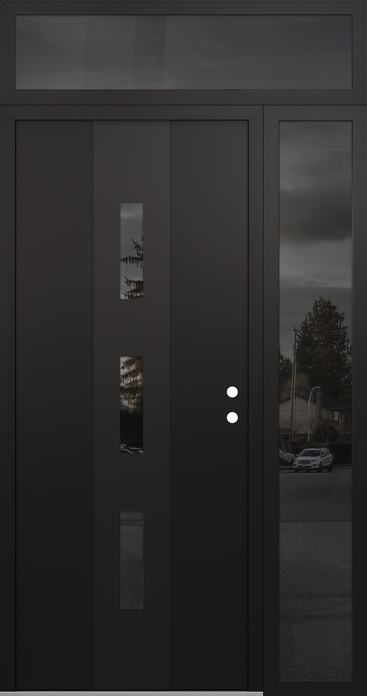Modern Steel Front Door DIAMOND A7 52" X 96" BLACK/BLACK MIRRORED GLASS PANEL BLACK LHI WITH SIDELITE AND TRANSOM MIRRORED GLASS