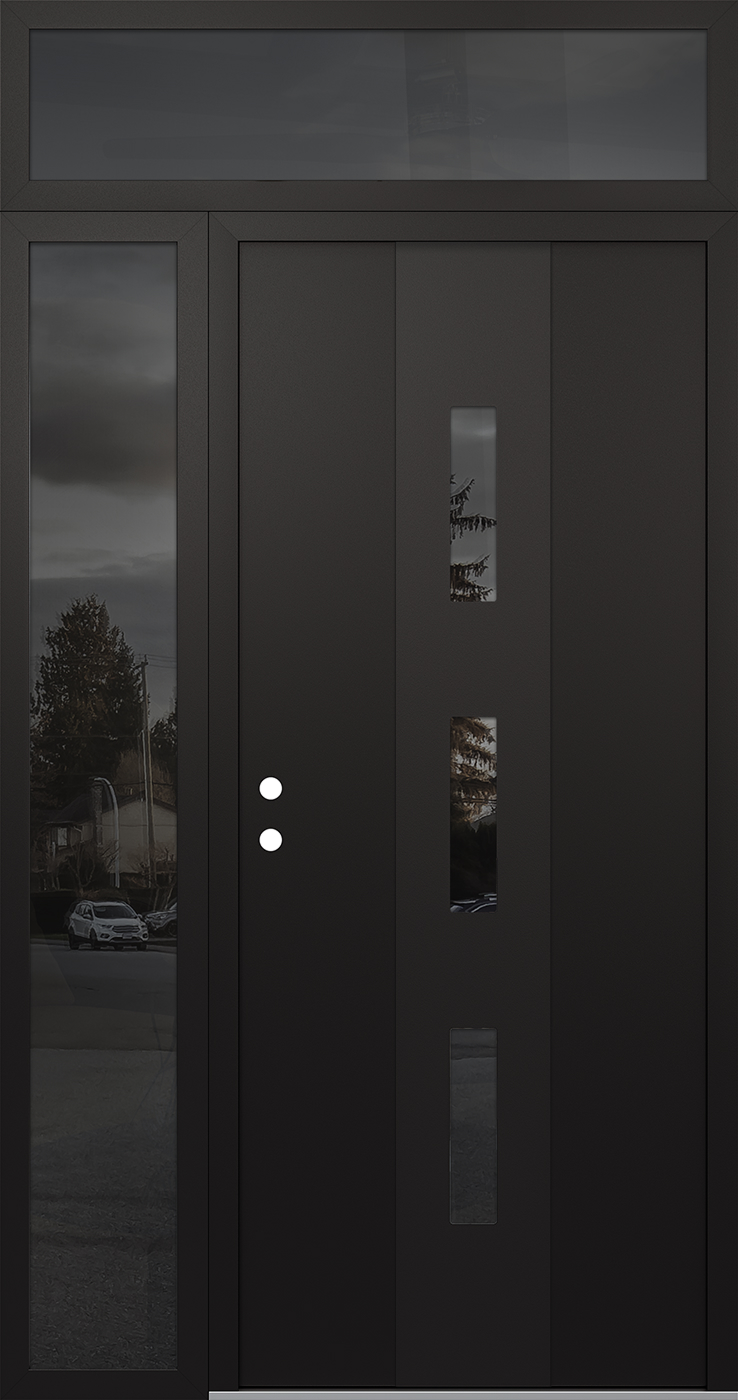 Modern Steel Front Door DIAMOND A7 52" X 96" BLACK/BLACK MIRRORED GLASS PANEL BLACK RHI WITH SIDELITE AND TRANSOM MIRRORED GLASS
