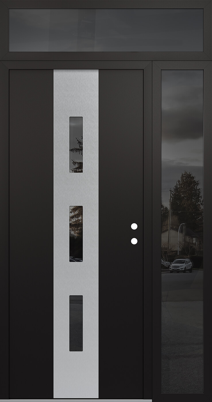 Modern Steel Front Door DIAMOND A7 52" X 96" BLACK/BLACK MIRRORED GLASS PANEL STAINLESS STEEL LHI WITH SIDELITE AND TRANSOM MIRRORED GLASS