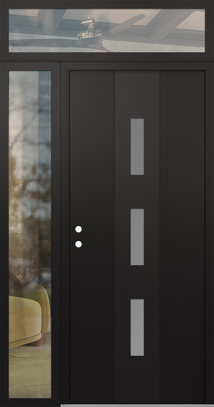 Modern Steel Front Door DIAMOND A7 52" X 96" BLACK/WHITE FROSTED GLASS PANEL BLACK RHI WITH SIDELITE AND TRANSOM CLEAR GLASS