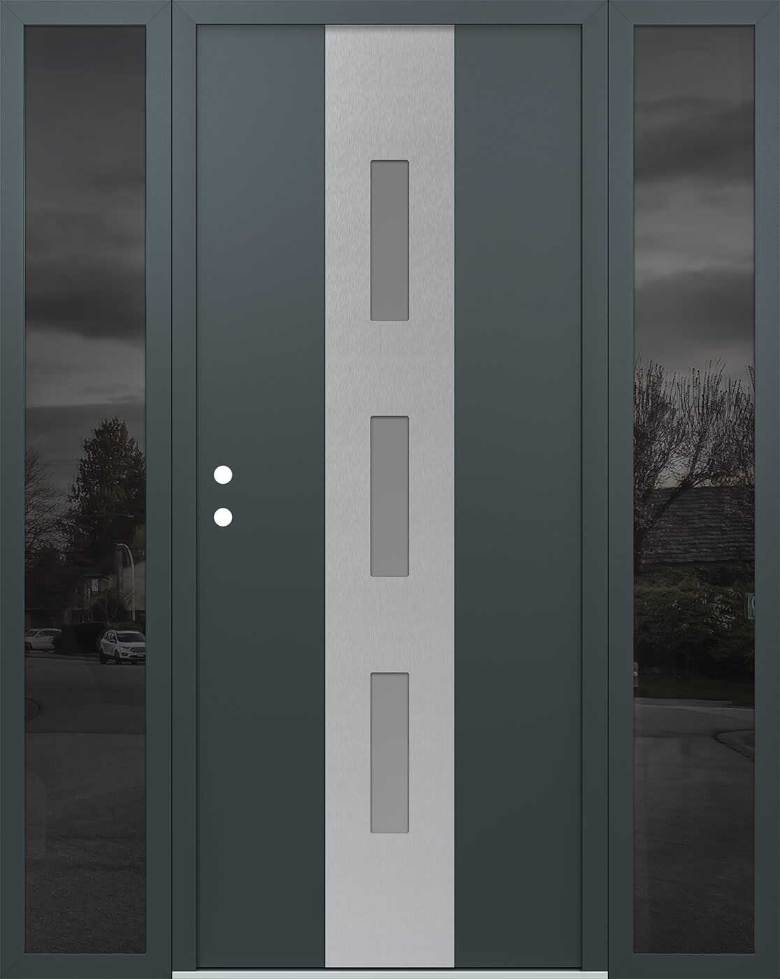 Modern Steel Front Door DIAMOND A7 60" X 80" ANTHRACITE/ANTHRACITE FROSTED GLASS PANEL STAINLESS STEEL RHI WITH 2 SIDELITES MIRRORED GLASS