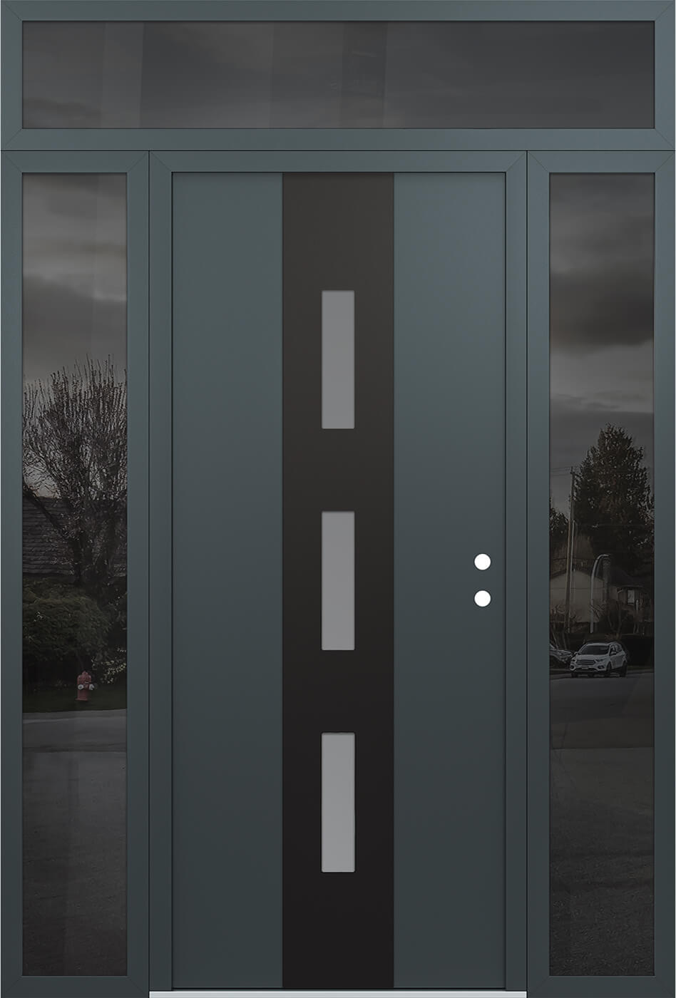 Modern Steel Front Door DIAMOND A7 60" X 96" ANTHRACITE/ANTHRACITE FROSTED GLASS PANEL BLACK LHI WITH 2 SIDELITES AND TRANSOM MIRRORED GLASS