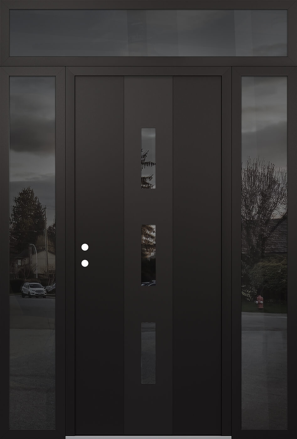 Modern Steel Front Door DIAMOND A7 60" X 96" BLACK/BLACK MIRRORED GLASS PANEL BLACK RHI WITH 2 SIDELITES AND TRANSOM MIRRORED GLASS