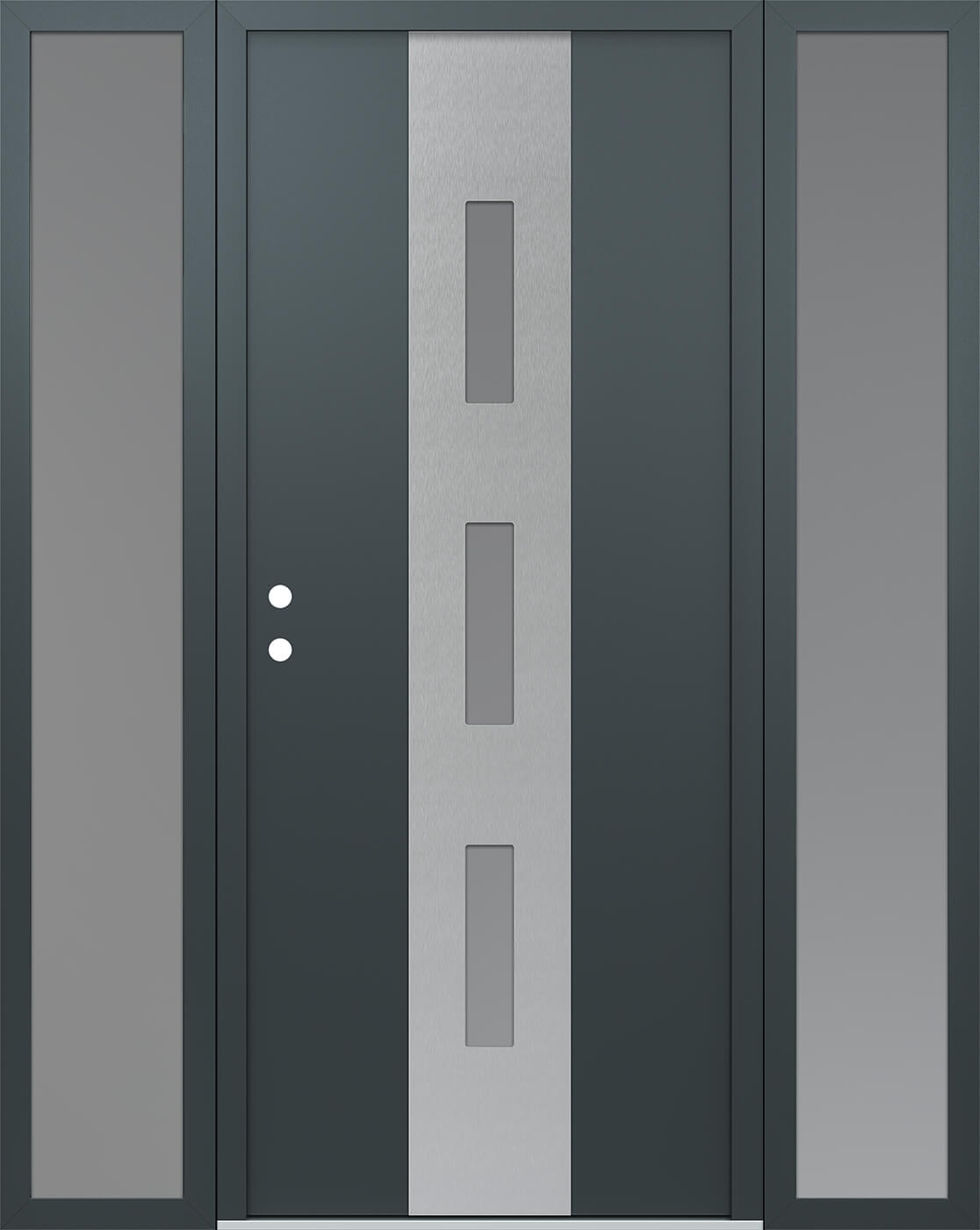 Modern Steel Front Door DIAMOND A7 64" X 80" ANTHRACITE/ANTHRACITE FROSTED GLASS PANEL STAINLESS STEEL RHI WITH 2 SIDELITES FROSTED GLASS