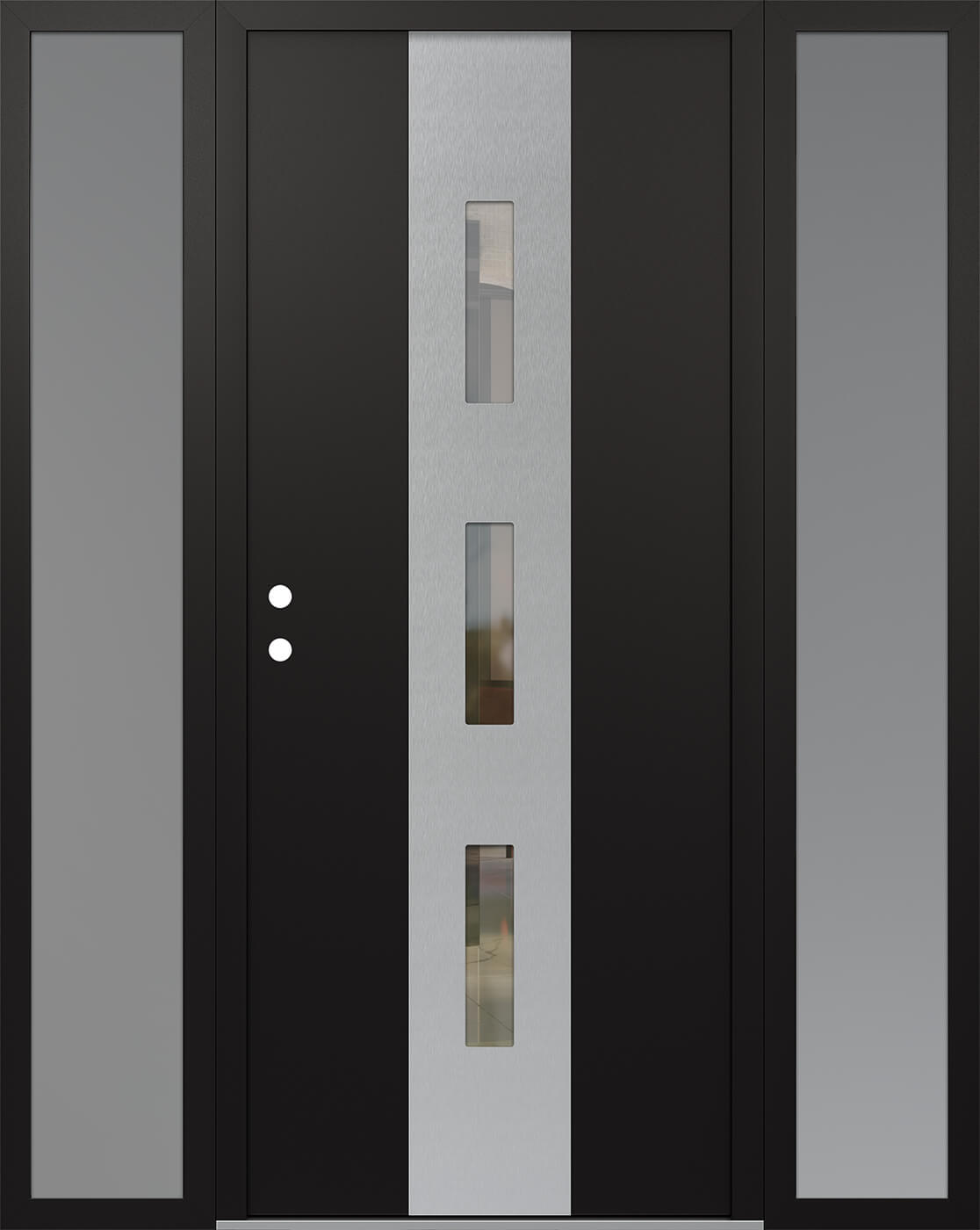 Modern Steel Front Door DIAMOND A7 64" X 80" BLACK/BLACK CLEAR GLASS PANEL STAINLESS STEEL RHI WITH 2 SIDELITES FROSTED GLASS