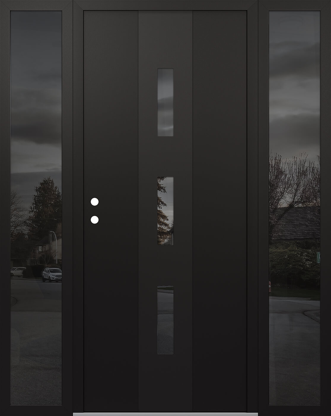 Modern Steel Front Door DIAMOND A7 64" X 80" BLACK/BLACK MIRRORED GLASS PANEL BLACK RHI WITH 2 SIDELITES MIRRORED GLASS