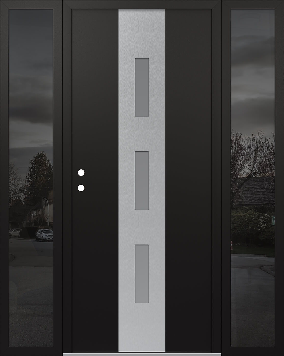 Modern Steel Front Door DIAMOND A7 64" X 80" BLACK/WHITE FROSTED GLASS PANEL STAINLESS STEEL RHI WITH 2 SIDELITES MIRRORED GLASS