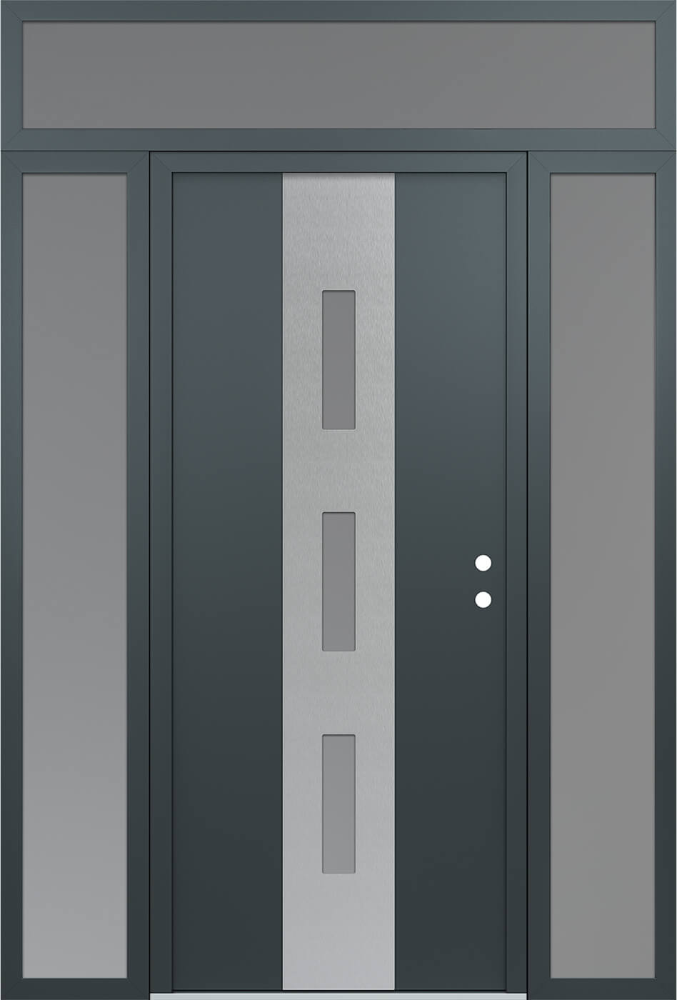 Modern Steel Front Door DIAMOND A7 64" X 96" ANTHRACITE/ANTHRACITE FROSTED GLASS PANEL STAINLESS STEEL LHI WITH 2 SIDELITES AND TRANSOM FROSTED GLASS