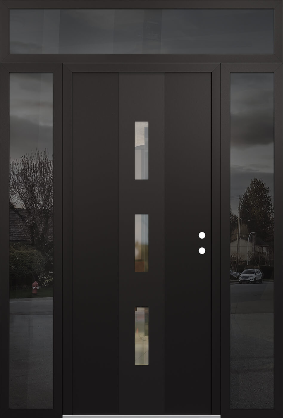 Modern Steel Front Door DIAMOND A7 64" X 96" BLACK/BLACK CLEAR GLASS PANEL BLACK LHI WITH 2 SIDELITES AND TRANSOM MIRRORED GLASS