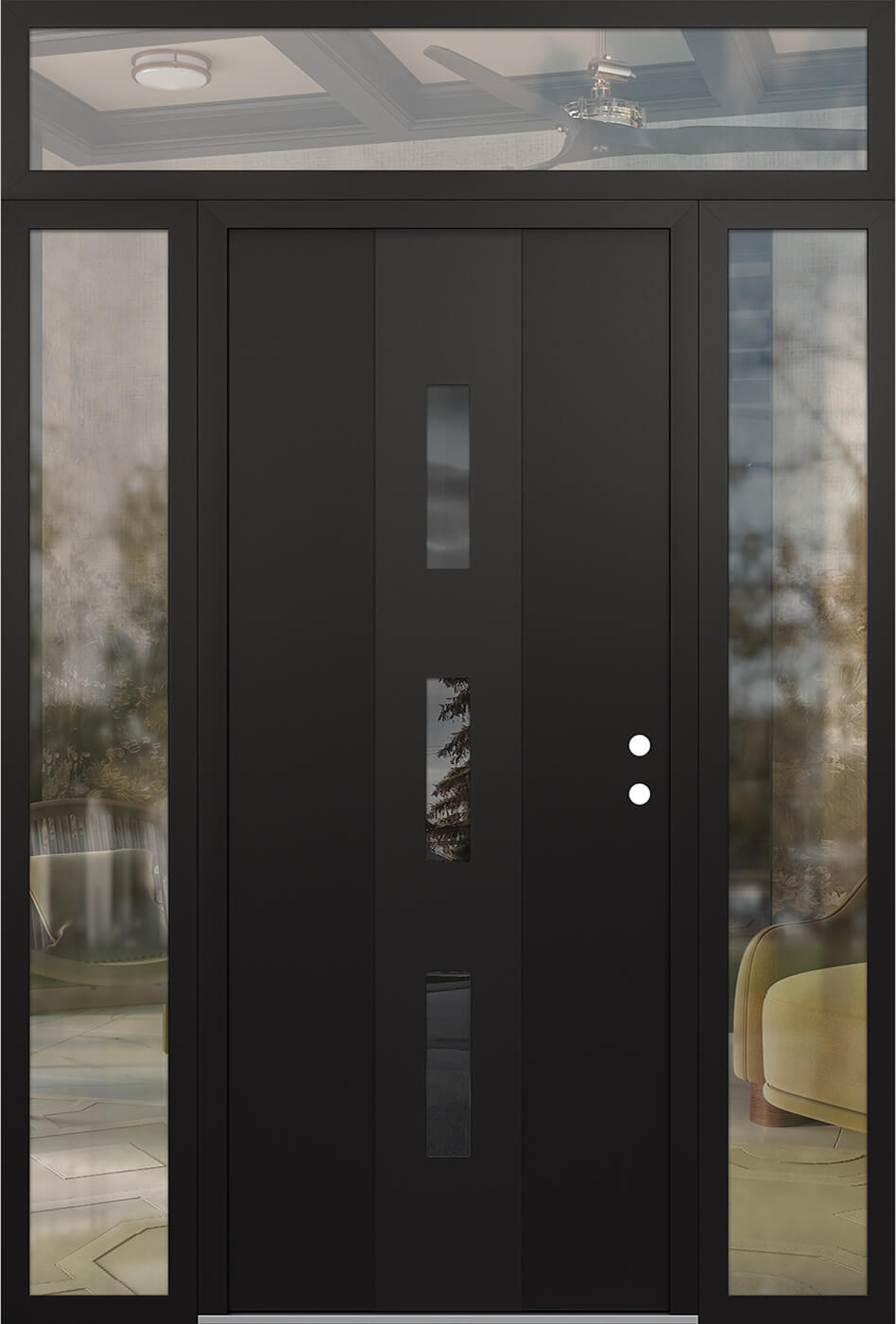 Modern Steel Front Door DIAMOND A7 64" X 96" BLACK/BLACK MIRRORED GLASS PANEL BLACK LHI WITH 2 SIDELITES AND TRANSOM CLEAR GLASS