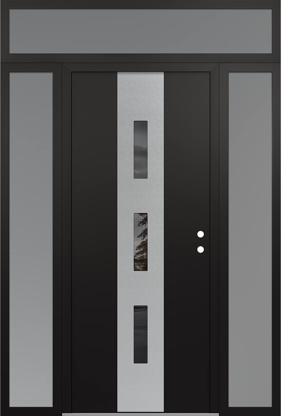 Modern Steel Front Door DIAMOND A7 64" X 96" BLACK/BLACK MIRRORED GLASS PANEL STAINLESS STEEL LHI WITH 2 SIDELITES AND TRANSOM FROSTED GLASS