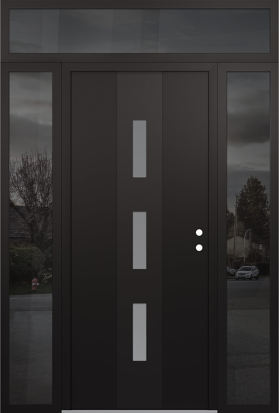 Modern Steel Front Door DIAMOND A7 64" X 96" BLACK/WHITE FROSTED GLASS PANEL BLACK LHI WITH 2 SIDELITES AND TRANSOM MIRRORED GLASS