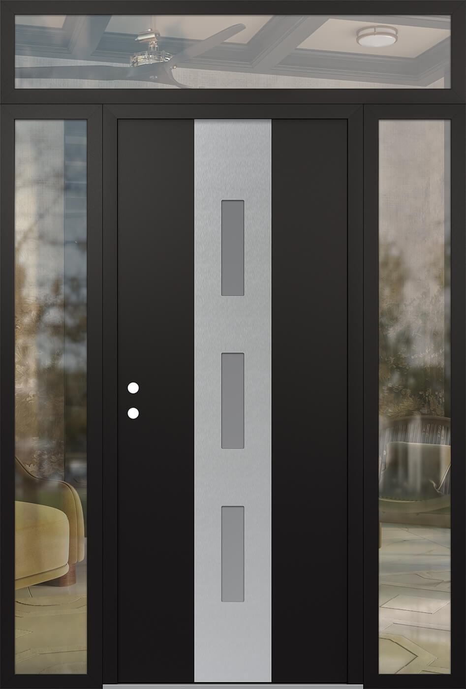 Modern Steel Front Door DIAMOND A7 64" X 96" BLACK/WHITE FROSTED GLASS PANEL STAINLESS STEEL RHI WITH 2 SIDELITES AND TRANSOM CLEAR GLASS