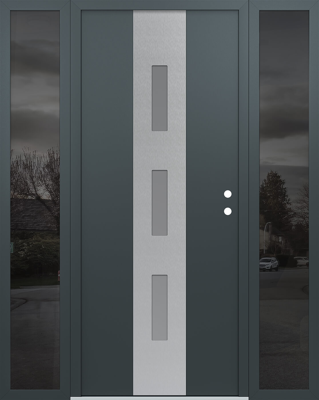 Modern Steel Front Door DIAMOND A7 68" X 80" ANTHRACITE/ANTHRACITE FROSTED GLASS PANEL STAINLESS STEEL LHI WITH 2 SIDELITES MIRRORED GLASS