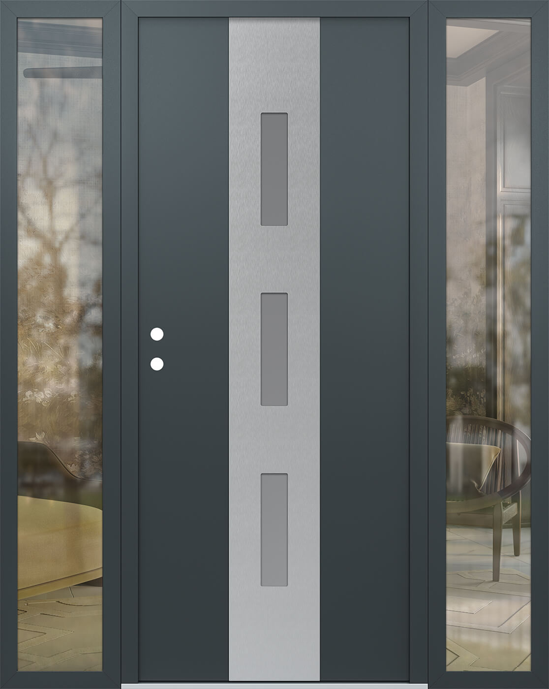 Modern Steel Front Door DIAMOND A7 68" X 80" ANTHRACITE/ANTHRACITE FROSTED GLASS PANEL STAINLESS STEEL RHI WITH 2 SIDELITES CLEAR GLASS