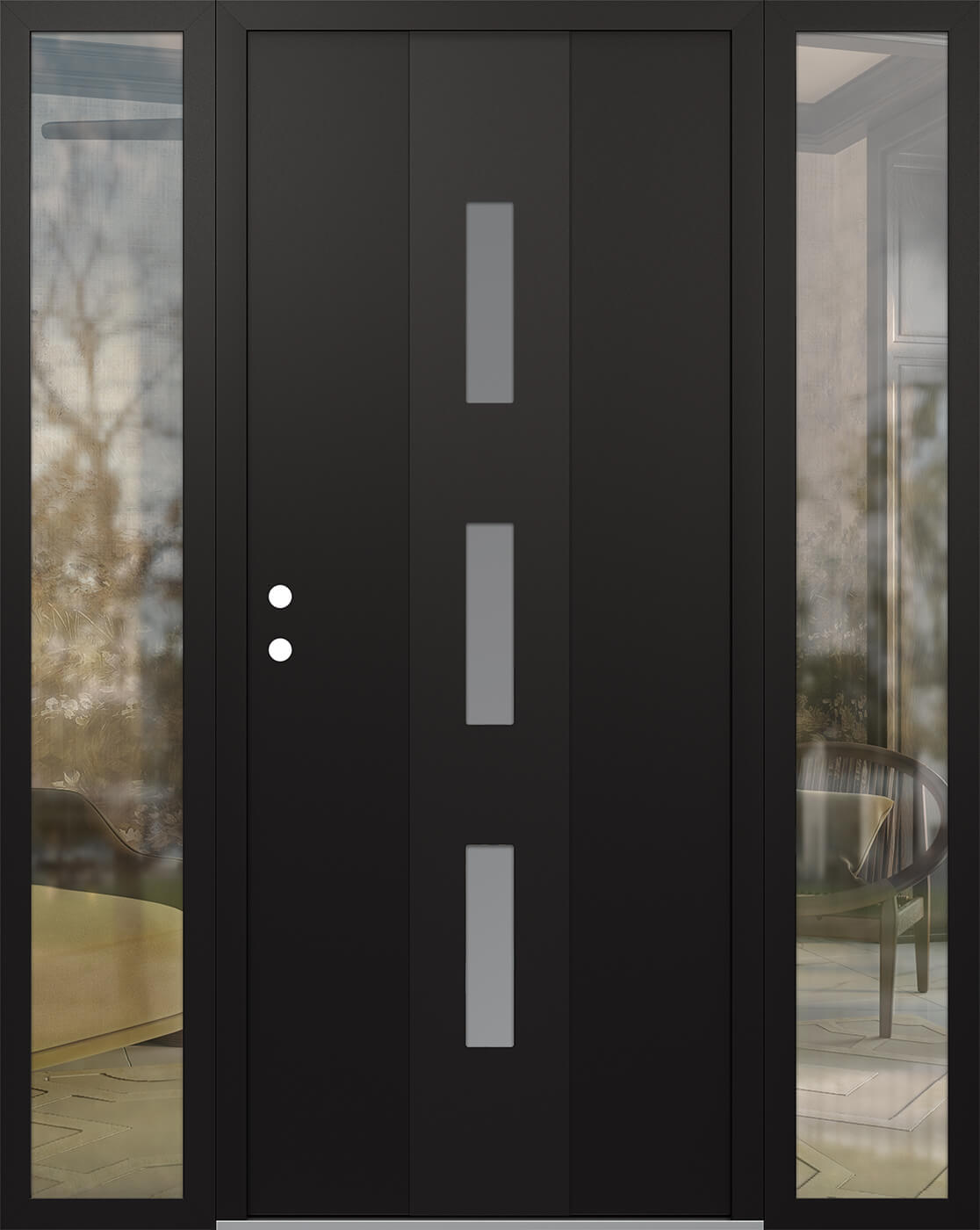 Modern Steel Front Door DIAMOND A7 68" X 80" BLACK/WHITE FROSTED GLASS PANEL BLACK RHI WITH 2 SIDELITES CLEAR GLASS