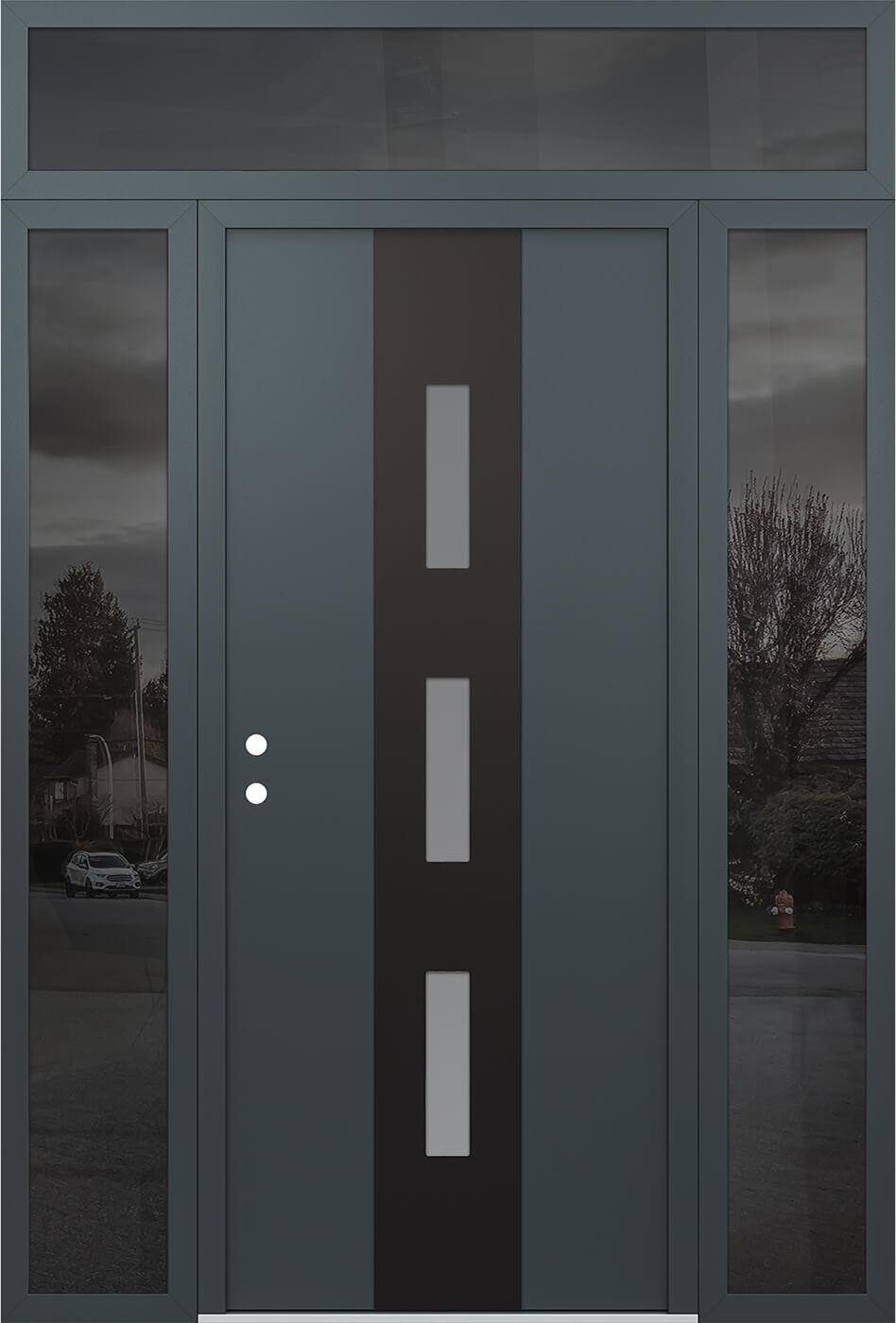 Modern Steel Front Door DIAMOND A7 68" X 96" ANTHRACITE/ANTHRACITE FROSTED GLASS PANEL BLACK RHI WITH 2 SIDELITES AND TRANSOM MIRRORED GLASS
