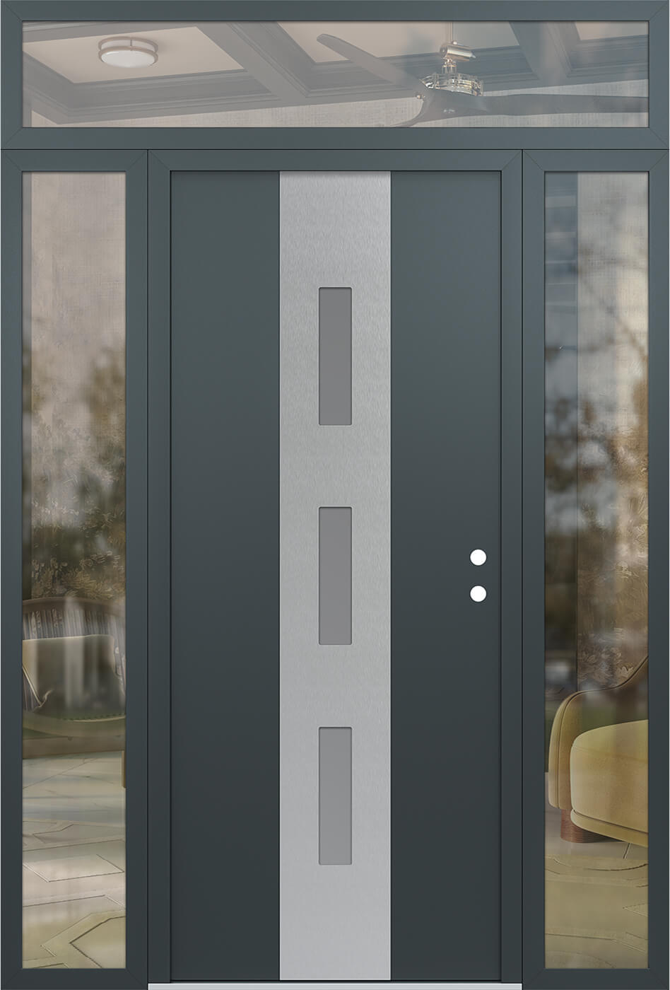 Modern Steel Front Door DIAMOND A7 68" X 96" ANTHRACITE/ANTHRACITE FROSTED GLASS PANEL STAINLESS STEEL LHI WITH 2 SIDELITES AND TRANSOM CLEAR GLASS