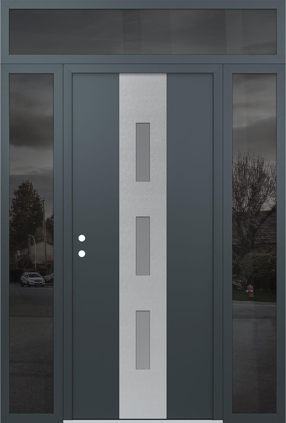 Modern Steel Front Door DIAMOND A7 68" X 96" ANTHRACITE/ANTHRACITE FROSTED GLASS PANEL STAINLESS STEEL RHI WITH 2 SIDELITES AND TRANSOM MIRRORED GLASS
