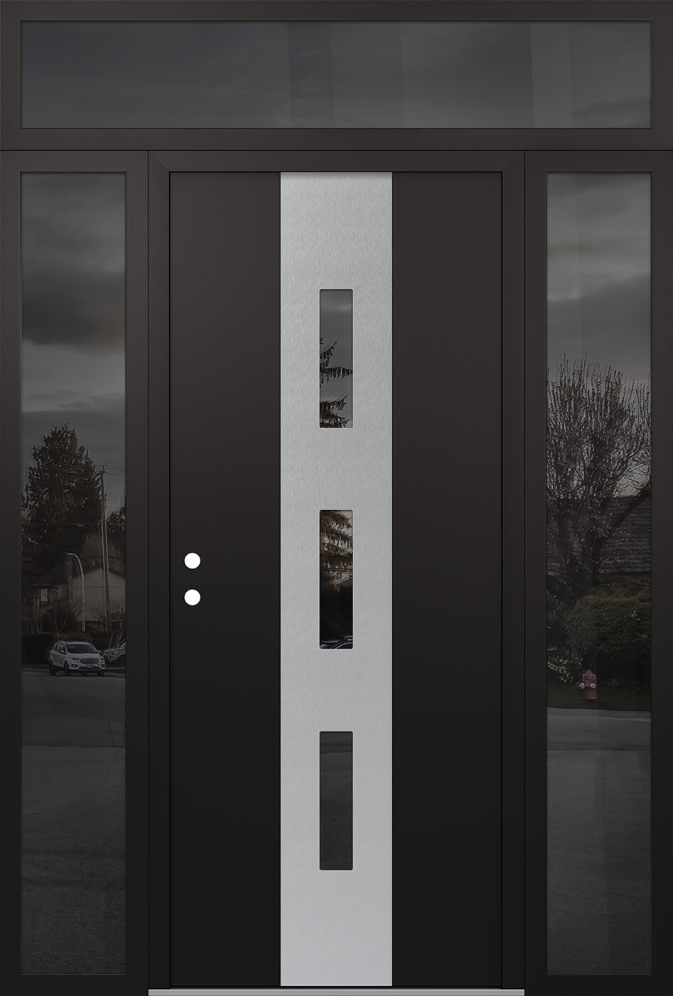 Modern Steel Front Door DIAMOND A7 68" X 96" BLACK/BLACK MIRRORED GLASS PANEL STAINLESS STEEL RHI WITH 2 SIDELITES AND TRANSOM MIRRORED GLASS