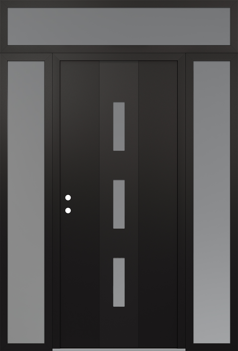 Modern Steel Front Door DIAMOND A7 68" X 96" BLACK/WHITE FROSTED GLASS PANEL BLACK RHI WITH 2 SIDELITES AND TRANSOM FROSTED GLASS