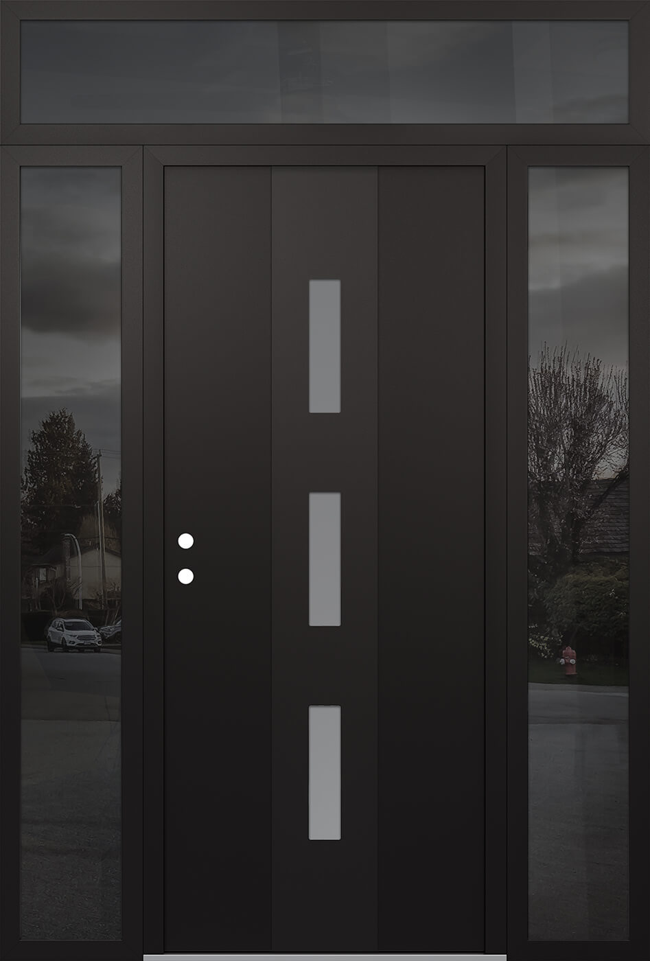 Modern Steel Front Door DIAMOND A7 68" X 96" BLACK/WHITE FROSTED GLASS PANEL BLACK RHI WITH 2 SIDELITES AND TRANSOM MIRRORED GLASS